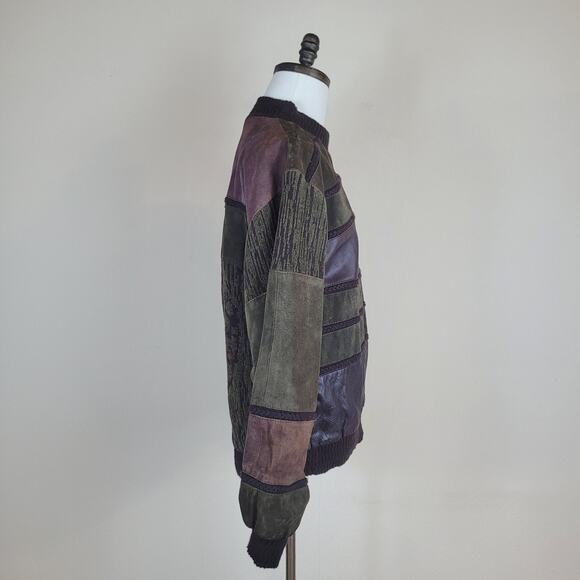 Vintage Saxony Sweater Mens Large Green Burgundy Patchwork Leather Suede 90s - Picture 3 of 11